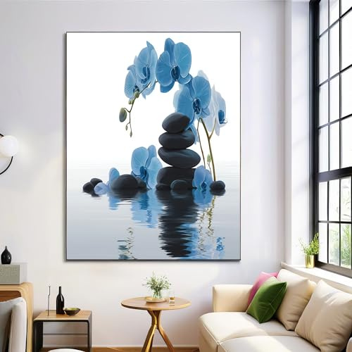 GDJSMIN Bild auf Leinwand Groß 40×50 cm Schlafzimmer Bilder Badezimmer Wand Deko Wohnzimmer Modern Wanddeko Bilderwand Geschenk Elegantes Zen-Design - Stein Blaue Orchidee