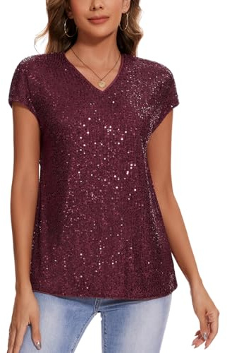 MINTLIMIT Damen Pailletten Glitzer Tops Oberteil Kurzarm V-Ausschnitt T-Shirt Bluse Cap Ärmel Freizeit Party Festival Club