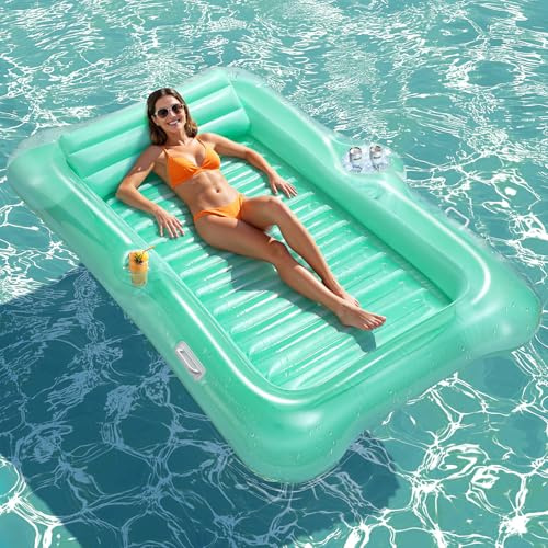 HeySplash Flotteur de Piscine Gonflable, Grand Bateau Flottant Gonflable pour Adultes avec Porte-Gobelet et Oreiller Détachable, Flotteur de Bronzage en Lac, Rivière, Eté, Vert Cristallin