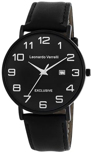 LEONARDO VERRELLI Herren Armbanduhr aus Kunstleder in Schwarz, in Einer Länge von 24 cm, Klassisches Design für jeden Mann