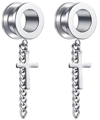 BWDHJLEY Tunnel Ohr 8mm, Ohrpiercing Silber Tunnel mit Baumelndem Kreuz Dehnung Set Schmuck Edelstahl 2 Stück