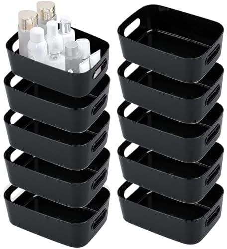 SHEPIN 10 Stück Aufbewahrungsbox Kunststoff Organizer Box Schwarz | Organizer Boxen mit Griff, Bad Aufbewahrungsboxen Plastik Aufbewahrungskorb & Behälter Kunststoffkorb für Badezimmer Kosmetik