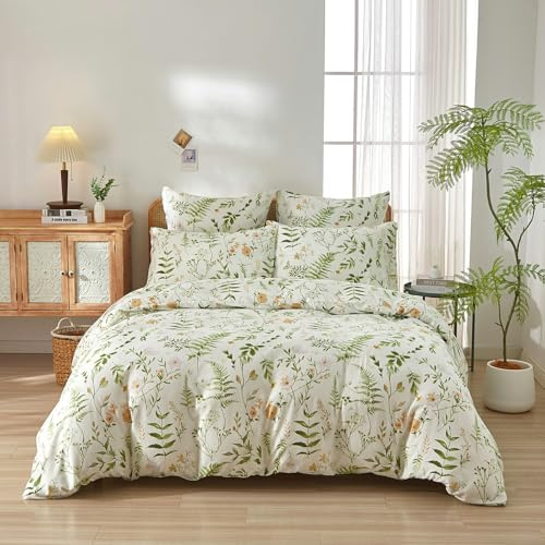 Boqingzhu Blumen Bettwäsche 135x200 cm Grün Creme Weiß Blumenmuster Botanischer Floral Mikrofaser Bettbezug mit 1 Kissenbezug 80x80 cm, Aesthetic Bettwäsche mit Natürlichem Blatt- und Blütenmotiv