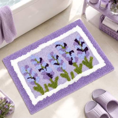 Dermalyx Lavendel Lila Getuftete Badematte, Geblümter Weicher Saugfähiger Badezimmer Teppich, Rutschfestes Badvorleger Für Schlafzimmer Küche Boden, Für Dusche 40 * 60cm
