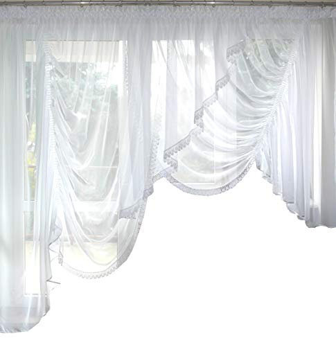 FKL DESIGN Home Deco AG8-A Moderne Balkon- und Fenstergardine MIT Band Fertiggardine aus Voile Set (mit Gipüre)