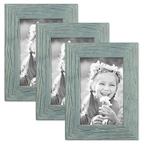 Bilderrahmen 10x15 cm Holz Blau, 3er Set Echtholz-Rahmen rustikal, Strandhaus, Made in Germany, Echtglas, zum Aufhängen & Aufstellen, extra Zubehör - Treibholzlook mit einem Hauch Küstenflair