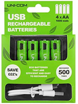 UNI-COM USB Rechargeable AA Ni-MH Batteries 4 Pack inc Micro USB Cable 1000mAh