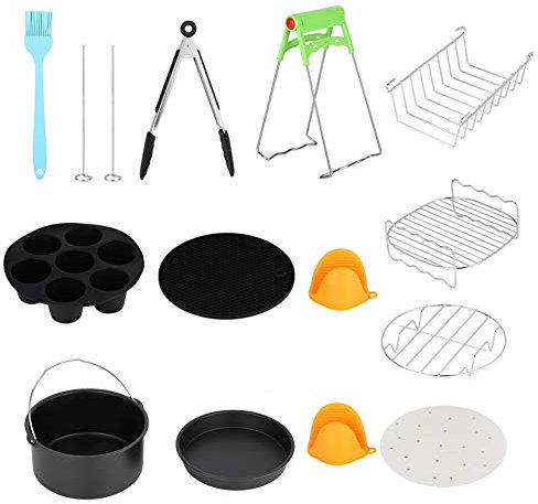 NITRIP Kit friggitrice ad Aria Calda 7in Universale in Acciaio Inossidabile 12 Pezzi Nero + Argento con Accessori per cestini per Torte