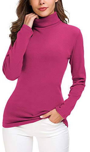 EXCHIC Donna Casuala Solido Manica Lunga Adatto Maglione Dolcevita Elastico Felpa Pullover (S, Rosa)