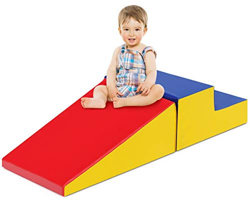 COSTWAY 2PCS Parcours Motricité Bébé en Mousse avec Housse Amovible en PU, Module Motricité Bébé avec Marche & Toboggan, Jouets Éducatifs pour Ramper Grimper pour Enfant d'Âge Préscolaire