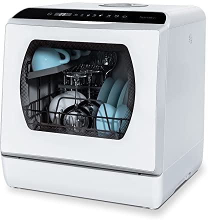 Hermitlux Mini Geschirrspüler, Spülmaschine für 4 Bestecksätze, 5 Liter Wassertank, 6 Programme Mini Tischgeschirrspüler, Perfekt für Wohnungen, Schlafsäle, Camping, Weiß