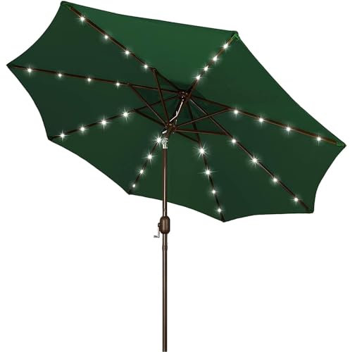 Blissun - Parasol solaire de 2,7 m - Avec 32 LED et manivelle - Pour jardin, terrasse, jardin, piscine et plage - Vert foncé