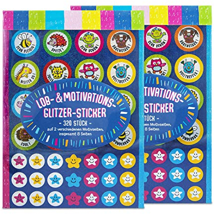 TRENDHAUS 601735 Sticker 2er-Set, 640 Lob- und Motivationssticker, Glitzer Kinder-Sticker, 32 verschiedene Motive, Für Lehrer und Eltern, 15 cm