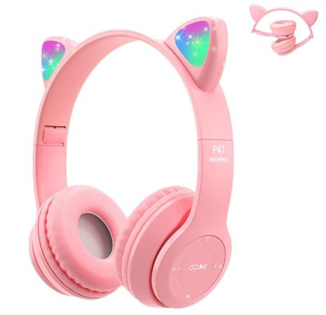 Megadream Kids Wireless Headphones, Bluetooth Over Ear Headphones with Microphone, Cat Ear LED Light Child Headset TF Card/Wired Foldable Earphones for Girls Boys Gift Age 7+ (Pink)
