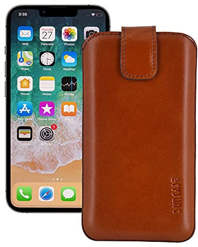 Suncase ECHT Leder Tasche kompatibel mit iPhone 13 PRO (6,1 Zoll) mit ZUSÄTZLICHER Transparent Hülle | Schale | Silikon Bumper Handytasche (mit Rückzugsfunktion und Magnetverschluss) in Mocca braun