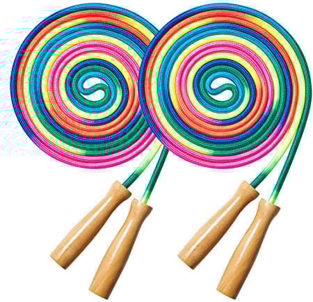Fanhostco Double Dutch Long Jump rope - 16Ft 2 Pack Skipping Rope for Kids Adults, Rainbow Jumping Rope for Multiplayer with Wooden Handle