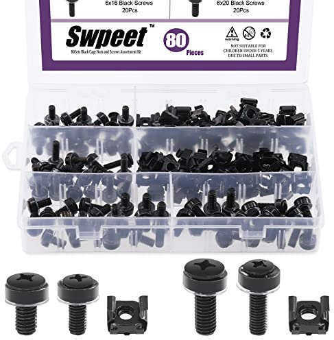 Swpeet Juego de 80 tuercas y tornillos para montaje en computadora M5 M6 de 4 tamaños negros con arandelas de metal y plástico, kit surtido, tuercas de jaula y tornillos de montaje arandelas