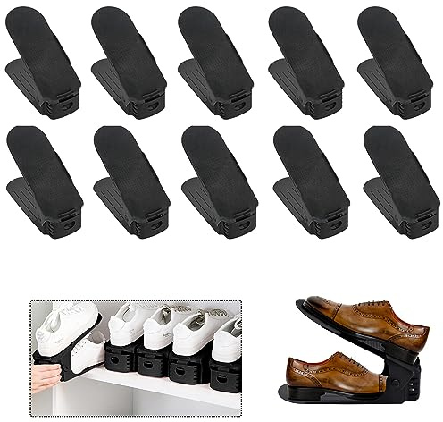 YUENFONG Einstellbare Schuhregale 10 Stück Verstellbarer Schuhhalter, 3 höhenverstellbar rutschfest Kunststoff Schuhstapler, für Schuh-Organizer Schrank Regal, Schwarz