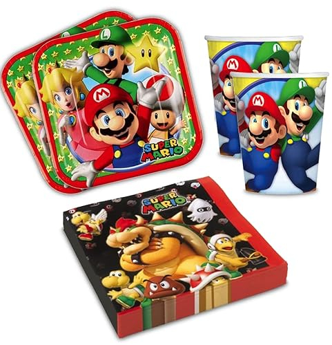 Kit Festa Super Mario per 8 persone, Set Decorazioni Addobbi da Tavola Stoviglie Luigi Bros. Yoshi per Compleanno Party Anniversario Halloween Bambino Bambina- 8 piatti, 8 bicchieri, 20 tovaglioli