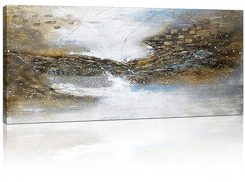 Mit Rahmen Großes Leinwandbilder Bilder Abstrakt Stream Gelb Grau bild auf leinwand Wandkunst Modern Wandbilder XXL Kunstdruck Deko für Wohnzimmer Schlafzimmer fertig zum Aufhängen 120x50cm