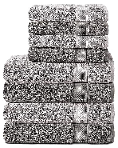 Komfortec 8er Handtuch Set aus 100% Baumwolle, 4 Badetücher 70x140 und 4 Handtücher 50x100 cm, Frottee, Weich, Towel, Groß, Anthrazit/Silber