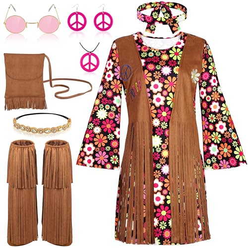 AOTHSO 8 Piece 70s Women Hippie Costume Peace Sign Earring Necklace Headband Dress Leg Sleeves Tassel Bag for Halloween Disco