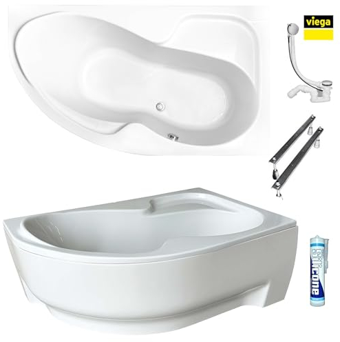 ECOLAM® Badewanne WELA 170x100 cm RECHTS Schürze | Wanne mit Antirutsch Beschichtung I Eckwanne Eckbadewanne + Ablaufgarnitur Alcaplast Füße Silikon Komplett-Set Acryl weiß