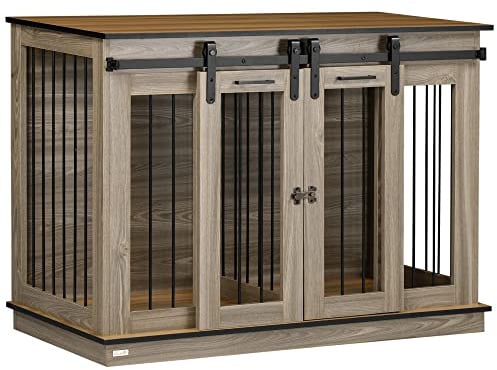 PawHut Hundekäfig, Haustierkäfig, Hundehütte mit Zweiraum-Option für Mittelegroße Hunde, Hundebox mit Doppeltüren, Hundehaus, Eiche, 120 x 60 x 88,5 cm