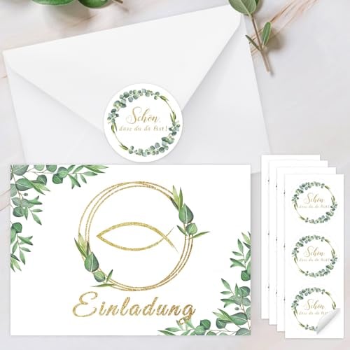 Wentsent 12x Einladungskarten Kommunion mit 12x Umschlag Einladungskarten Taufe Erstkommunion Konfirmation Einladung Firmung für Jungen und Mädchen, Fisch Sakrament Dekoration