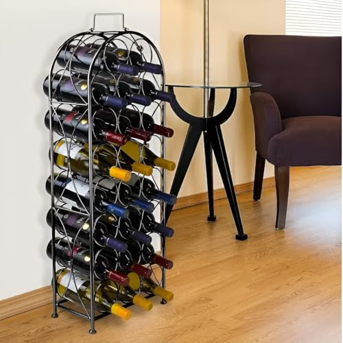 Meown 23 Bottle Wine Rack, Free Standing Metal Wine Bottle Holder & Storage Shelf, Tall Slim Contemporary Floor or Table Display Stand for Kitchen, Bar Pantry, Dining Room (Black)
