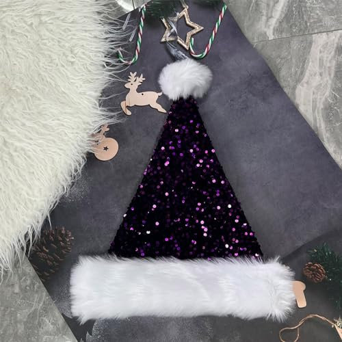 Glitzer Pailletten Weihnachtsmütze für Kinder Erwachsene,Lila Plüsche Santa Mütze mit Glitzer Pailletten,Bequemes Dicker Klassischer nikolaus mütze aus Samt für festliche Partys im neuen Jahr