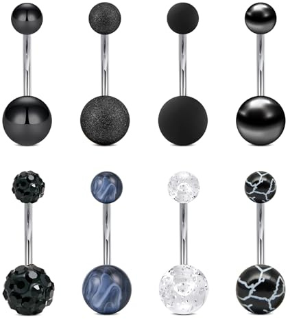 FECTAS 8pcs Bauchnabelpiercing 6/10/12/14mm Chirurgenstahl Bauchpiercing Piercing Bauchnabel Schmuck 14G Silber Schwarz