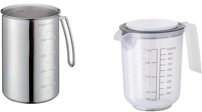 Küchenprofi Messbecher mit Griff, 1 L, rostfreier Edelstahl, Ø 10.5, H 14,5 cm & APS Rührbecher mit Deckel - Messbecher mit Maßskalen