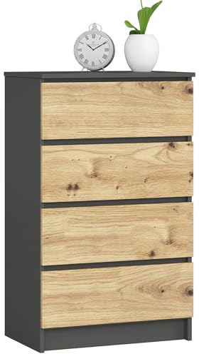 AKORD | Cassettiera K60 a 4 Cassetti | Credenza Alta | Moderna Mobiletto per Soggiorno Sala da Pranzo Camera da Letto Corridoio | Armadio Cameretta | 60x99x40 cm | Grigio grafite | Rovere artigianale