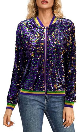 Damen Pailletten Reißverschluss Langarm Blazer Bomberjacke Glitzer Jacke Damen Glitzer Pailletten Jacke Hiphop Langarm Bomberjacke Fliegenjacke Bikerjacke Outwear Karneval Kostüm Party Outfits