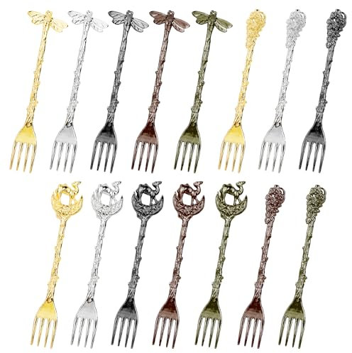 Chostky Lot de 15 fourchettes à dessert, fourchettes à dessert, fourchettes à gâteau, vintage, sculptées, mini fourchettes à fruits, en acier inoxydable, pour dessert, gâteau, crème glacée, salade,