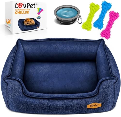 Lovpet® Hundebett Hundekissen Hundekorb Chiller, Inkl. Napf + 3X Kauknochen, Hundesofa Kissen für Kleine, Mittelgroße & Große Hunde, Bezug abnehmbar und waschbar, L 90 x 75 x 25 cm Navyblau
