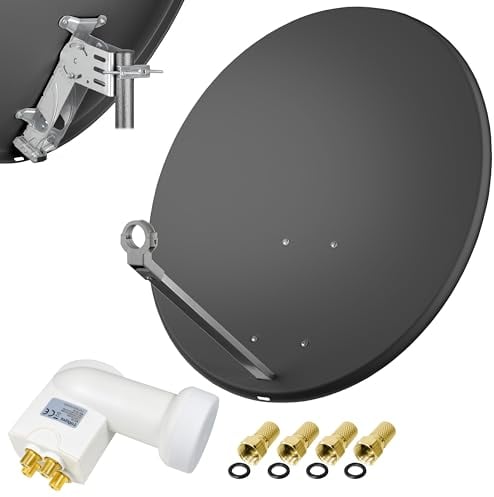 80cm Spiegel Schüssel Stahl + Logisat Quad LNB | 4 Teilnehmer SAT Anlage HD Digital Set anthrazit | DVB-S/S2 Full HDTV 3D 4K Ultra HD UHD Empfang
