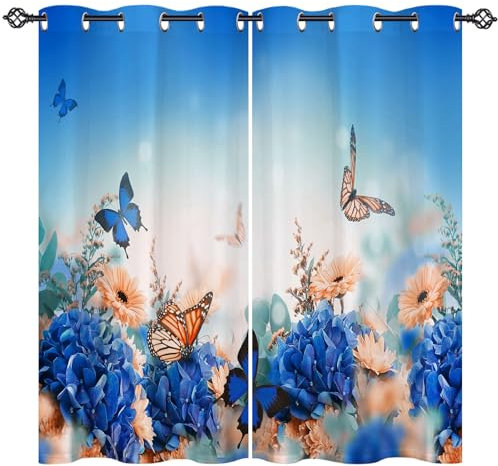 ANHOPE Gelb Blau Blume Schmetterling Vorhänge mit Ösen Blickdichte Gardinen Blackout Curtain Thermo Vorhang Kinder Mädchen Schlafzimmer Wohnzimmer Verdunklungsvorhänge 2er Set H 138 x B 168 cm