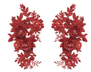 SYSUII 1 Paar 3D Stickerei Perlen Spitze Applikation Blumen Strass Spitzenstoff Bestickte Perlen Blumenapplikation Aufnäher für DIY Ausschnitt Hochzeit Brautkleid Kleidung Dekoration-Rot