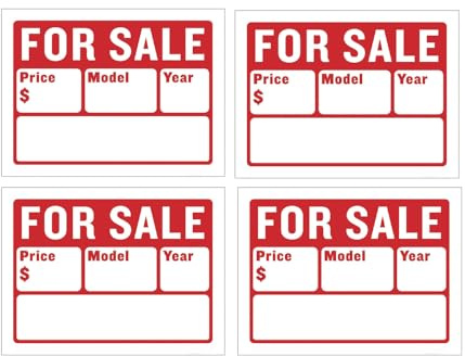 Car For Sale Sign for Car and Vehicles Auto Sales Size 9 X 12 (2-Line) - 4PC