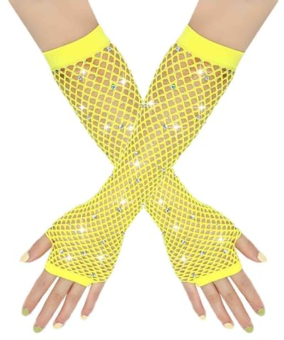 Damen Netzhandschuhe Glänzende Fingerlose Handschuhe Lange Fischnetz Armstulpen Mesh Handschuhe Karneval Party Kostümzubehör Opernhandschuhe Abendhandschuhe Glitzer Handschuhe (Yellow, One Size)