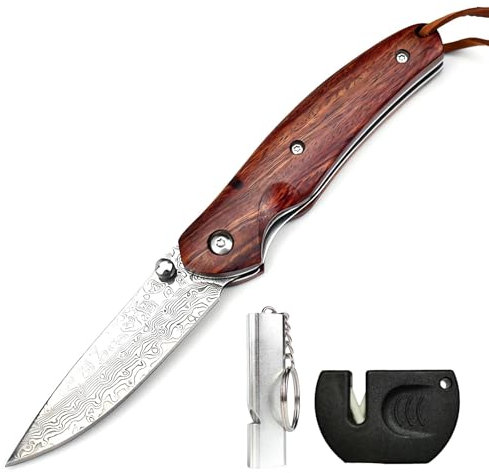 YANC Klappmesser Damastmesser mit Holzgriff Messerschärfer Signalpfeife, Klein Einhandmesser Taschenmesser Outdoor Damast Messer VG10 Edelstahl Liner Lock für Angeln Camping Notfall Wandern