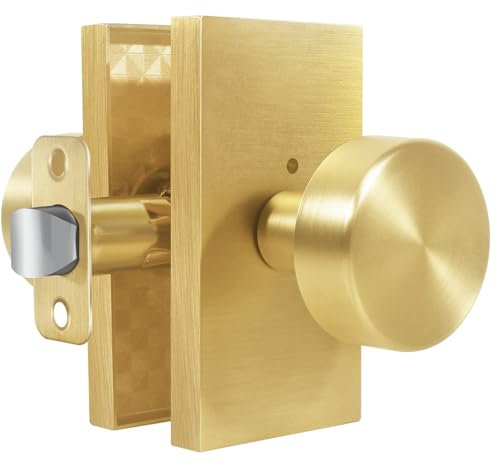Newlaking Satin Brass Zinc Alloy Privacy Door Knob with Lock, Heavy-Duty Round Handle with Rectangle Frame, Bedroom Bathroom Interior Quick Installation Lock Set, 1 Pack