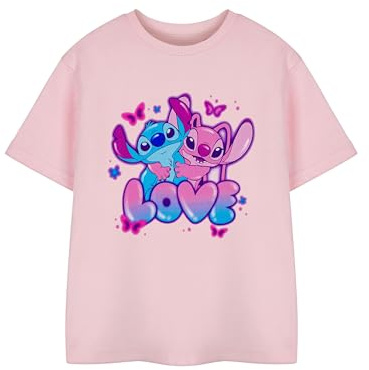 Disney Lilo & Stitch Mädchen T-Shirt | Kinder lieben Kurzarm-Grafik-T-Shirt in Rosa | Niedliche Zeichentrickfigur Kleidung Engel Alien | Bequemes Baumwolltop für Kinder und Jugendliche | Film