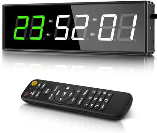 PELLOR Temporizador de Gimnasio,1.5 Temporizador de Intervalo LED,Reloj de Pared Digital Grande con Countdown/Up,Cronómetro,Brillo Ajustable,Reloj de Entrenamiento con Control Remoto para Casa Garaje
