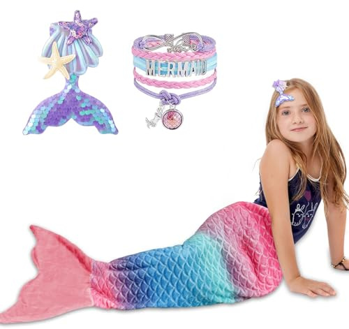 RDDAIPE Meerjungfrauenschwanz-Decke, 140 x 60 cm, für Kinder, Armband, Haarnadel, Pailletten, Flanell, tragbar, Mädchen, Geschenk, Weihnachten, Blau, Rosa