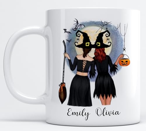 EKAM Personalised Best Friend Witch Mug - Customised with Names, Best Witches Forever Quote Personalised Halloween Mug for Women, BFF Birthday Present for Her Tea Coffee Mug