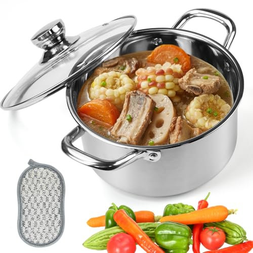 HEKOBAG Kochtopf Fleischtopf Induktion 17cm Suppentopf Edelstahl Topf 3,5L Nudeltopf mit Glasdeckel Bratentopf Spaghettitopf Spülmaschinengeeignet Pastatopf mit Schwammtuch für Alle Herdarten