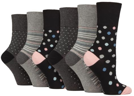 Gentle Grip - 6er Pack Damen Baumwolle Ohne Gummibund Socken | Socken mit Bunt Elegant Motiv